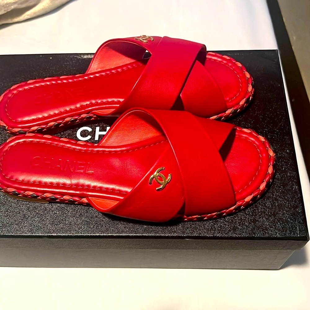 Red Chanel Mules in “great  condition “, worn bottom